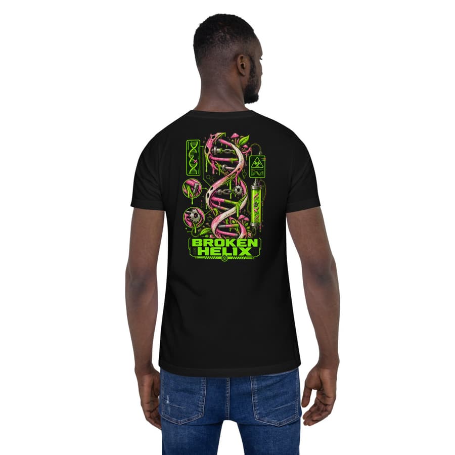 BROKEN HELIX on a tee in Black, full back print.