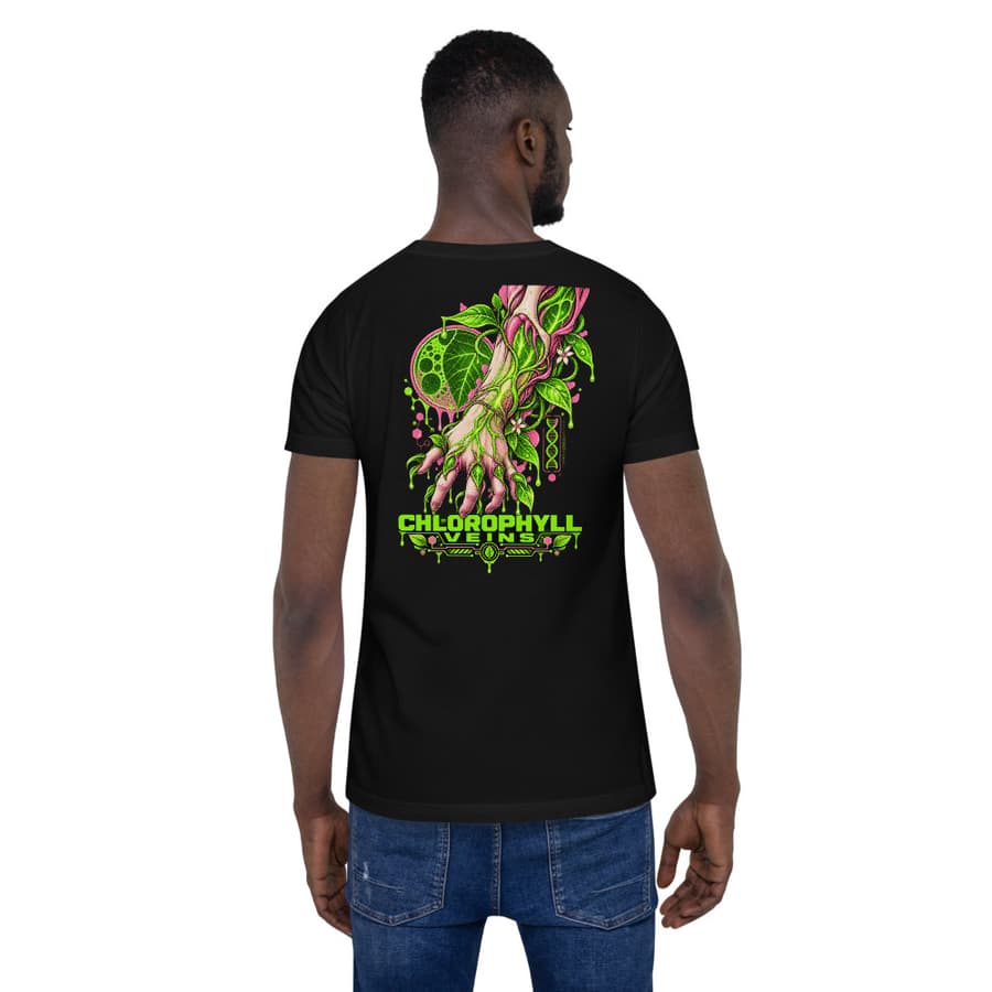 CHLOROPHYLL VEINS on a tee in Black, full back print.