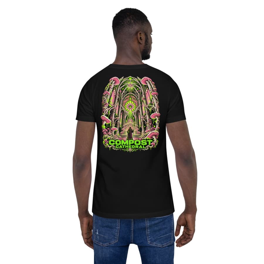 COMPOST CATHEDRAL on a tee in Black, full back print.