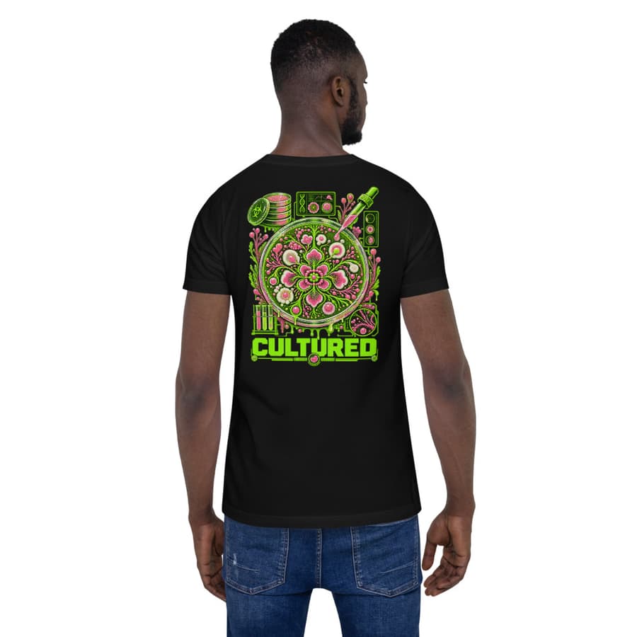 CULTURED on a tee in Black, full back print.