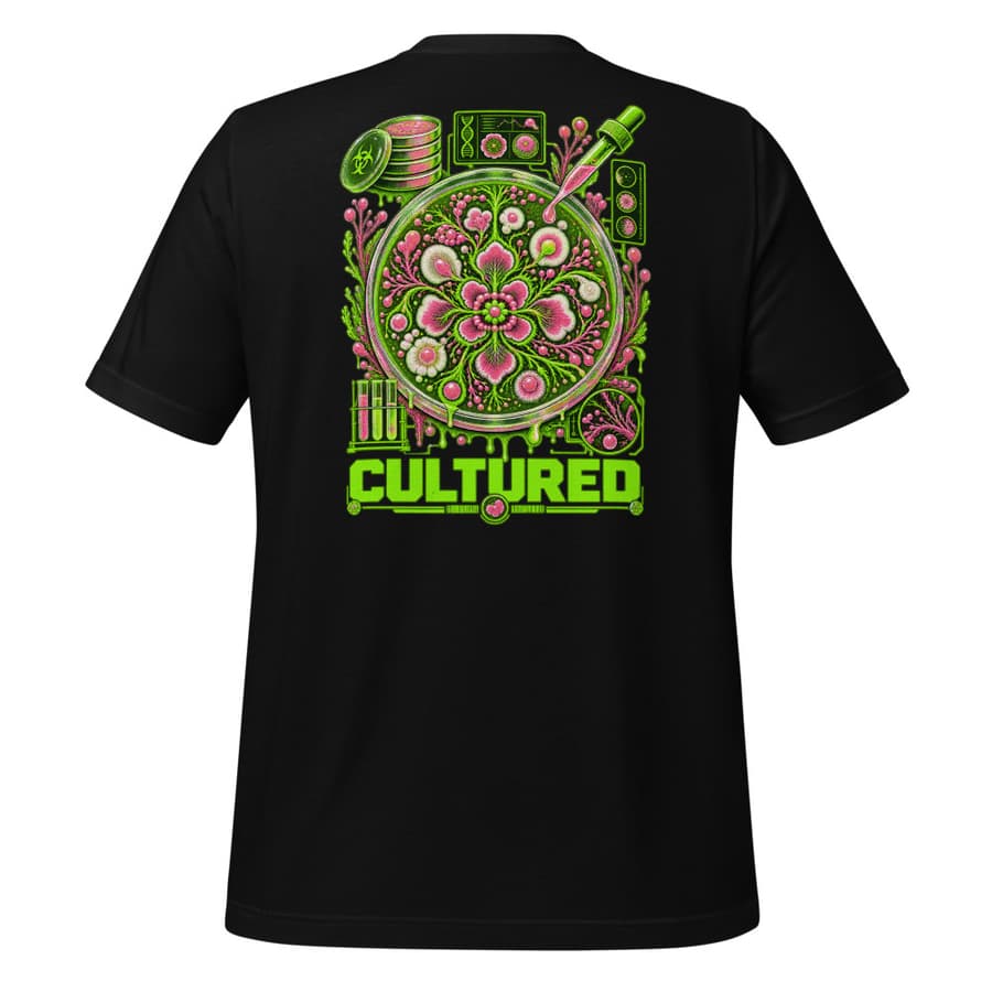 CULTURED on a tee in Black, full back print, garment only.