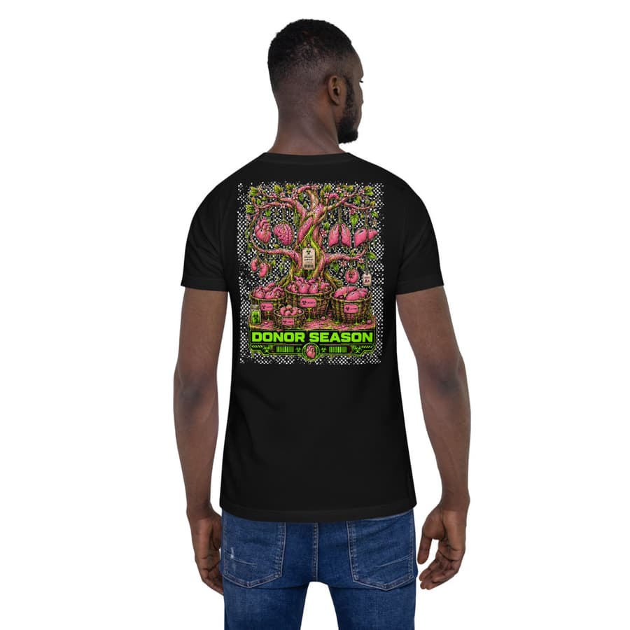 DONOR SEASON on a tee in Black, full back print.
