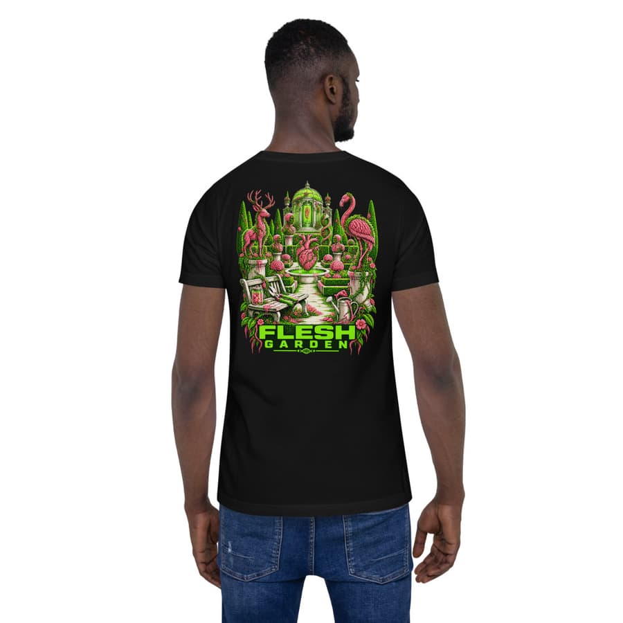 FLESH GARDEN on a tee in Black, full back print.