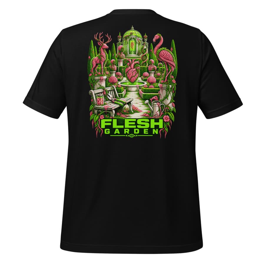 FLESH GARDEN on a tee in Black, full back print, garment only.