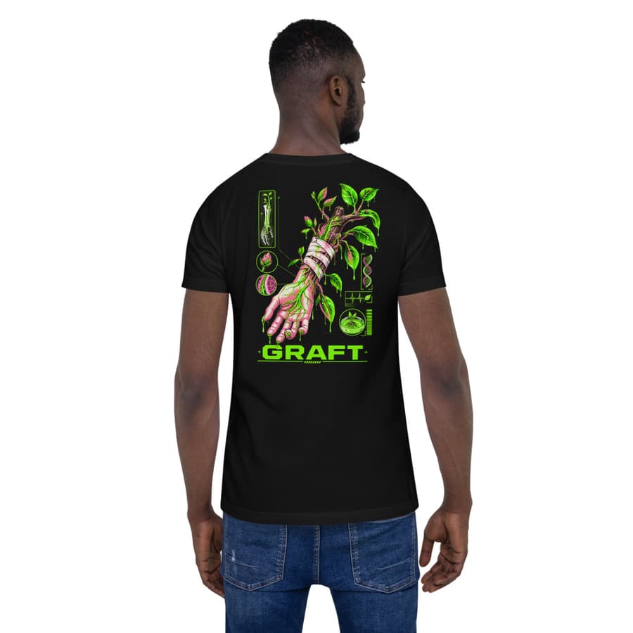 GRAFT on a tee in Black, full back print.