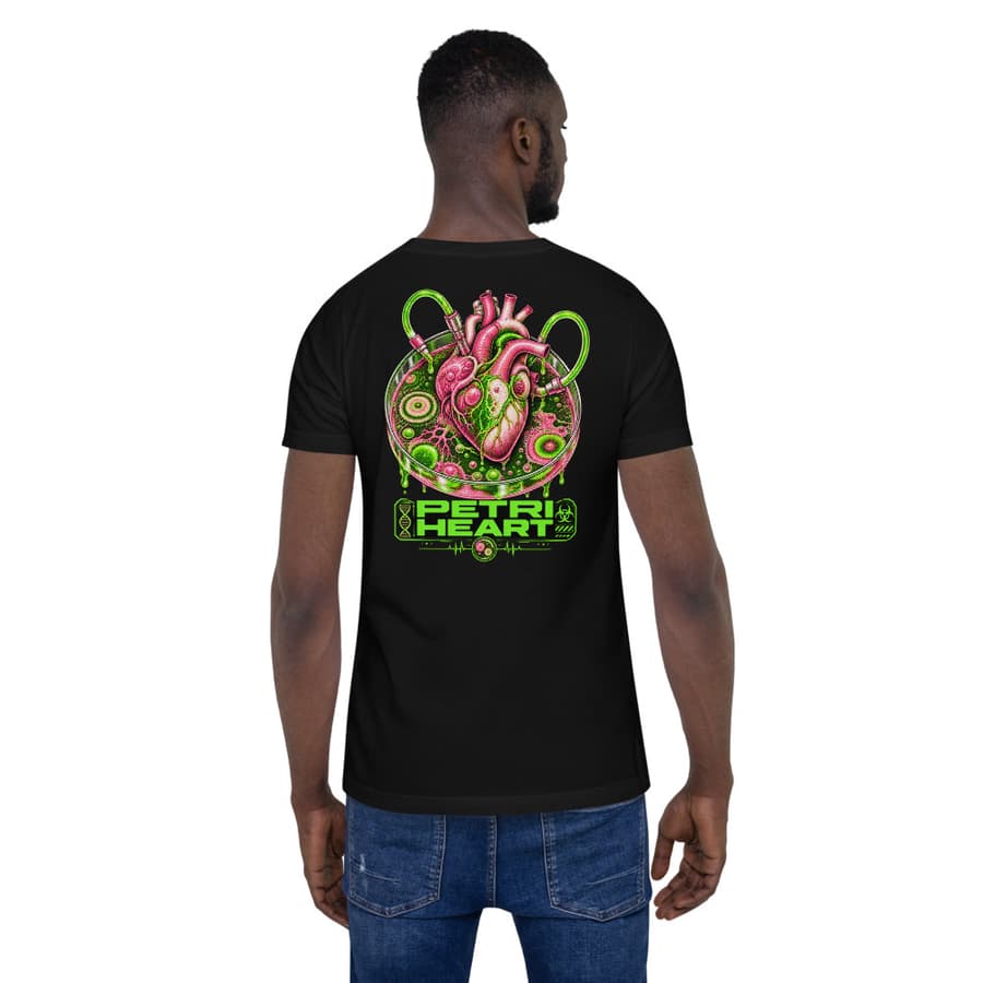 PETRI HEART on a tee in Black, full back print.