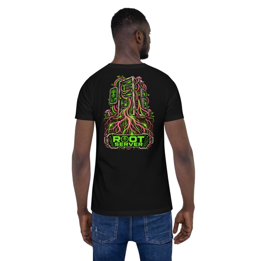 ROOT SERVER on a tee in Black, full back print.