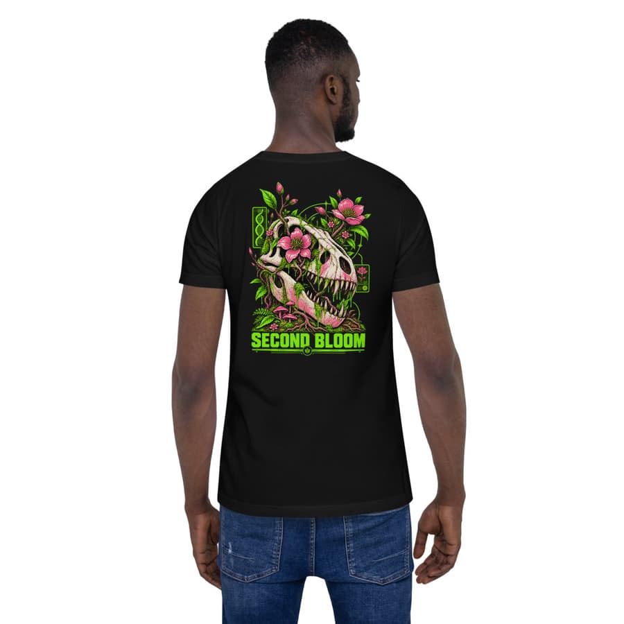 SECOND BLOOM on a tee in Black, full back print.