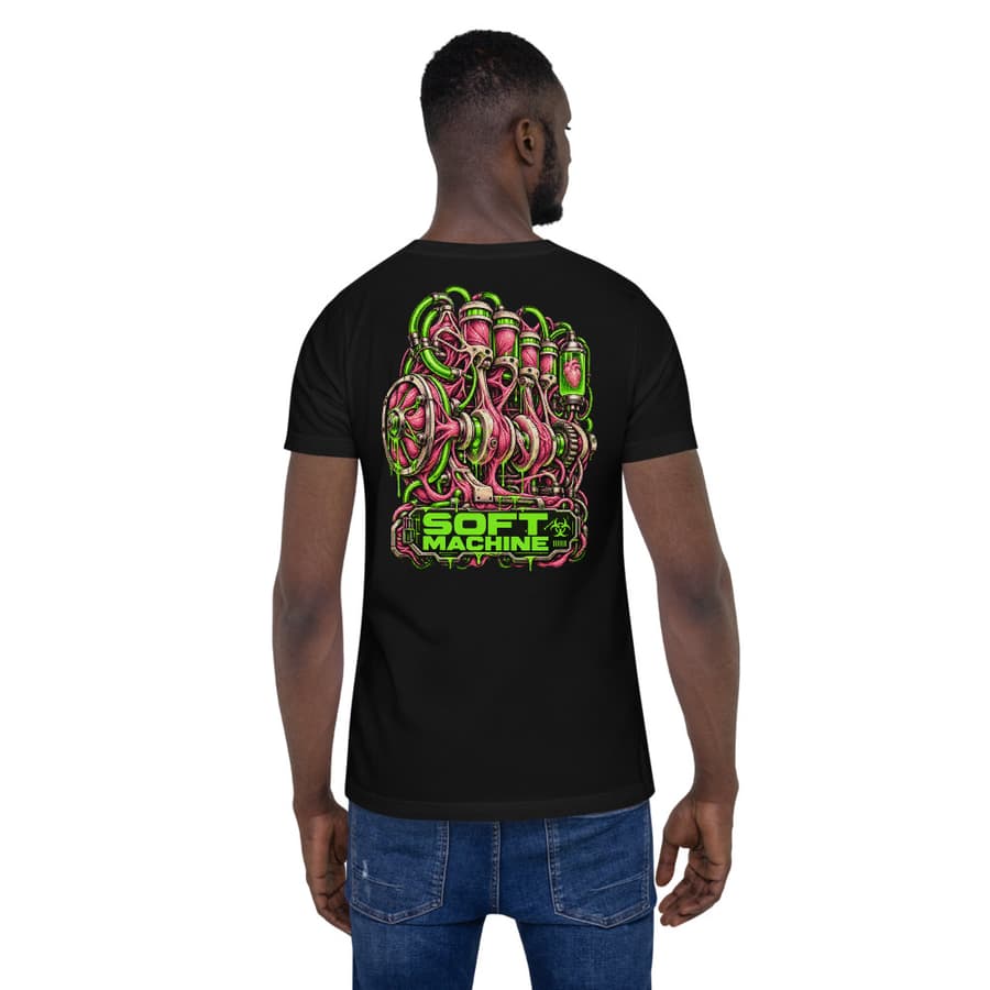 SOFT MACHINE on a tee in Black, full back print.
