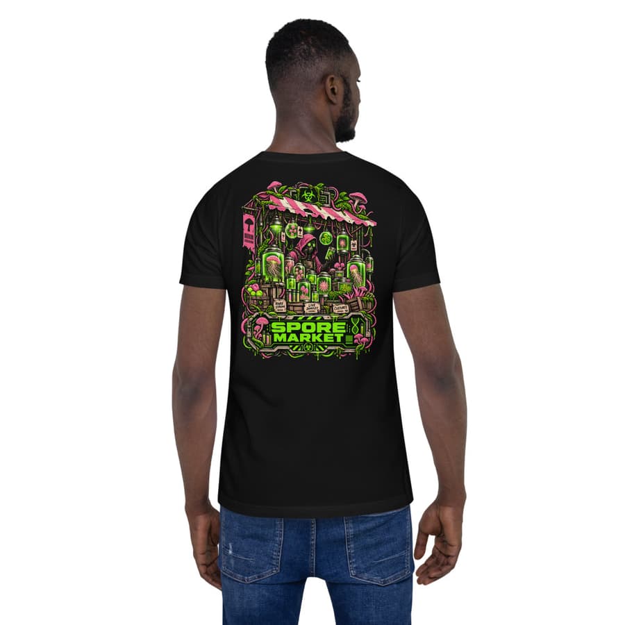 SPORE MARKET on a tee in Black, full back print.