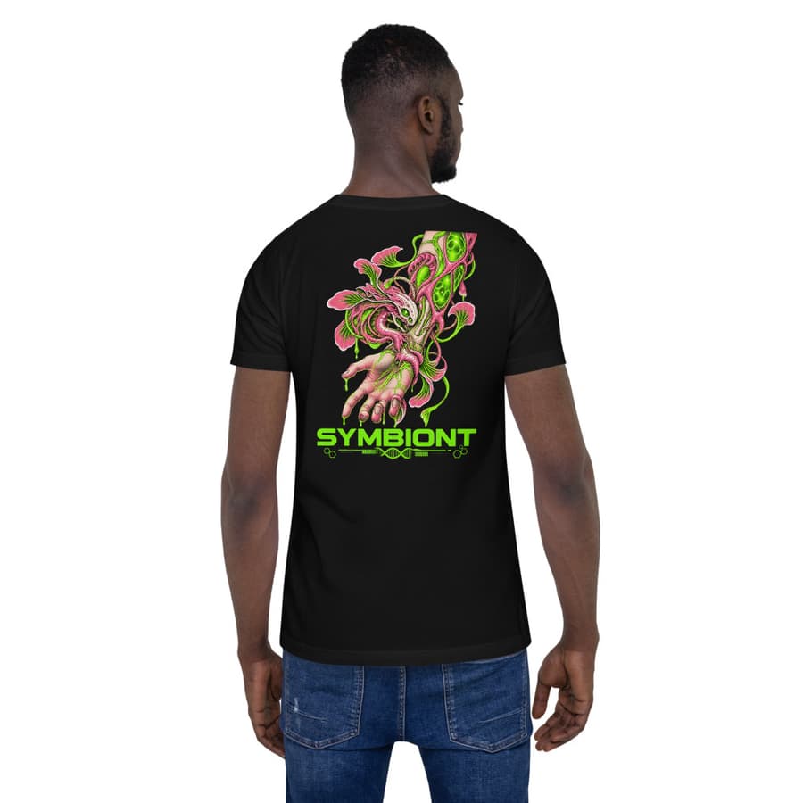 SYMBIONT on a tee in Black, full back print.