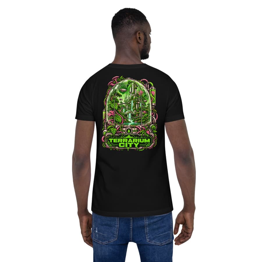 TERRARIUM CITY on a tee in Black, full back print.