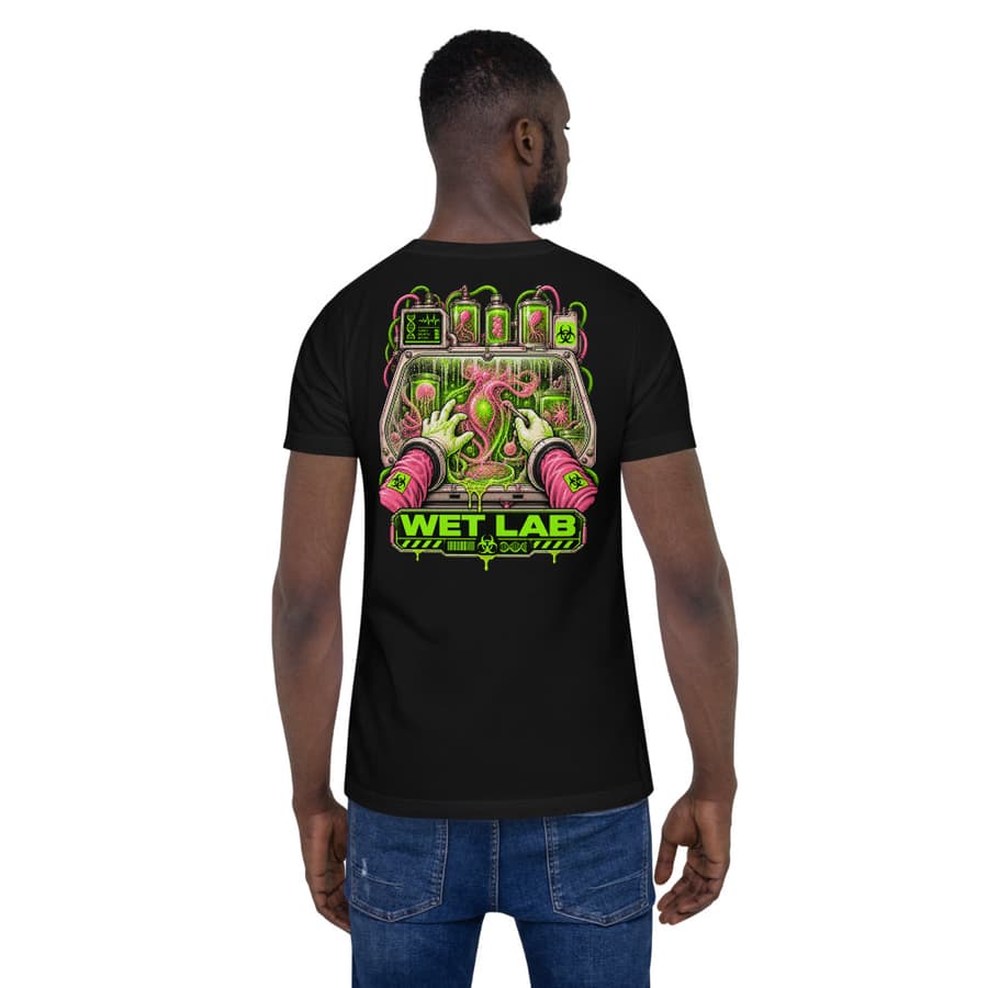 WET LAB on a tee in Black, full back print.