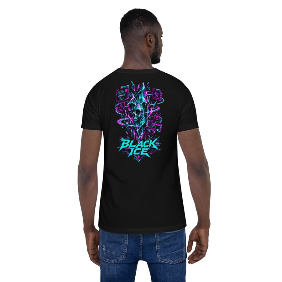BLACK ICE on a tee in Black, full back print.