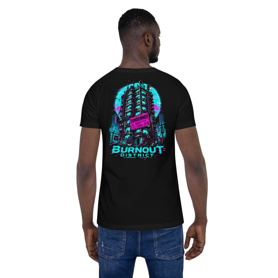 BURNOUT DISTRICT on a tee in Black, full back print.