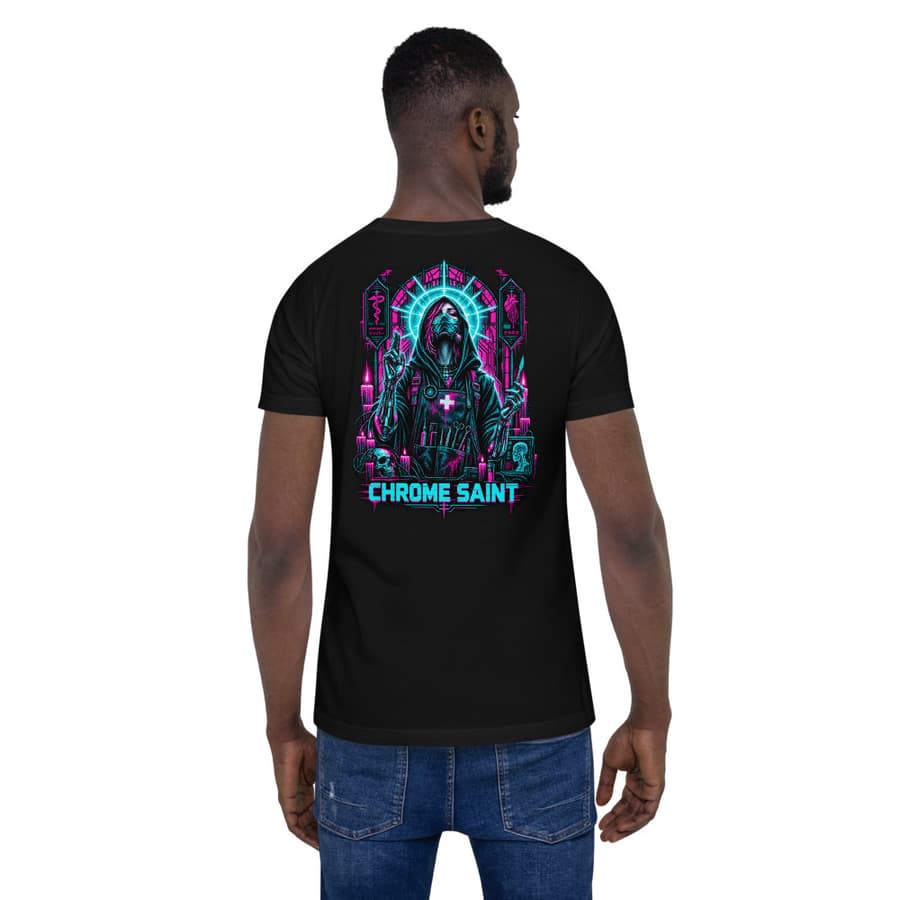 CHROME SAINT on a tee in Black, full back print.