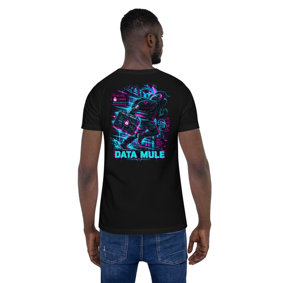 DATA MULE on a tee in Black, full back print.