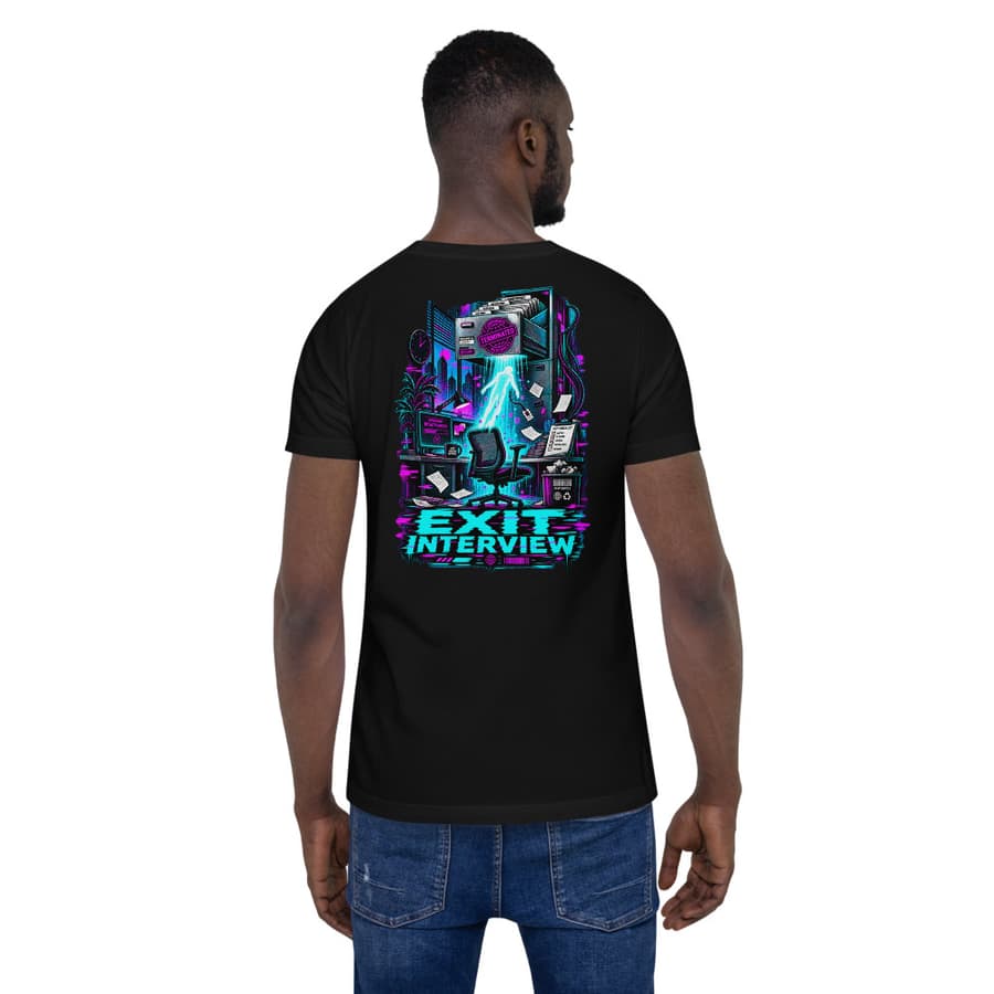 EXIT INTERVIEW on a tee in Black, full back print.