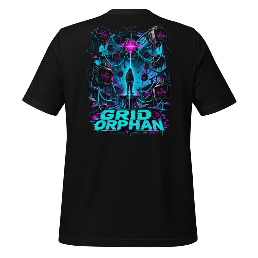 GRID ORPHAN on a tee in Black, full back print, garment only.