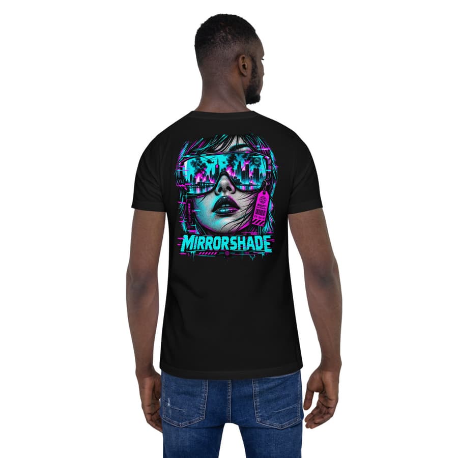MIRRORSHADE on a tee in Black, full back print.