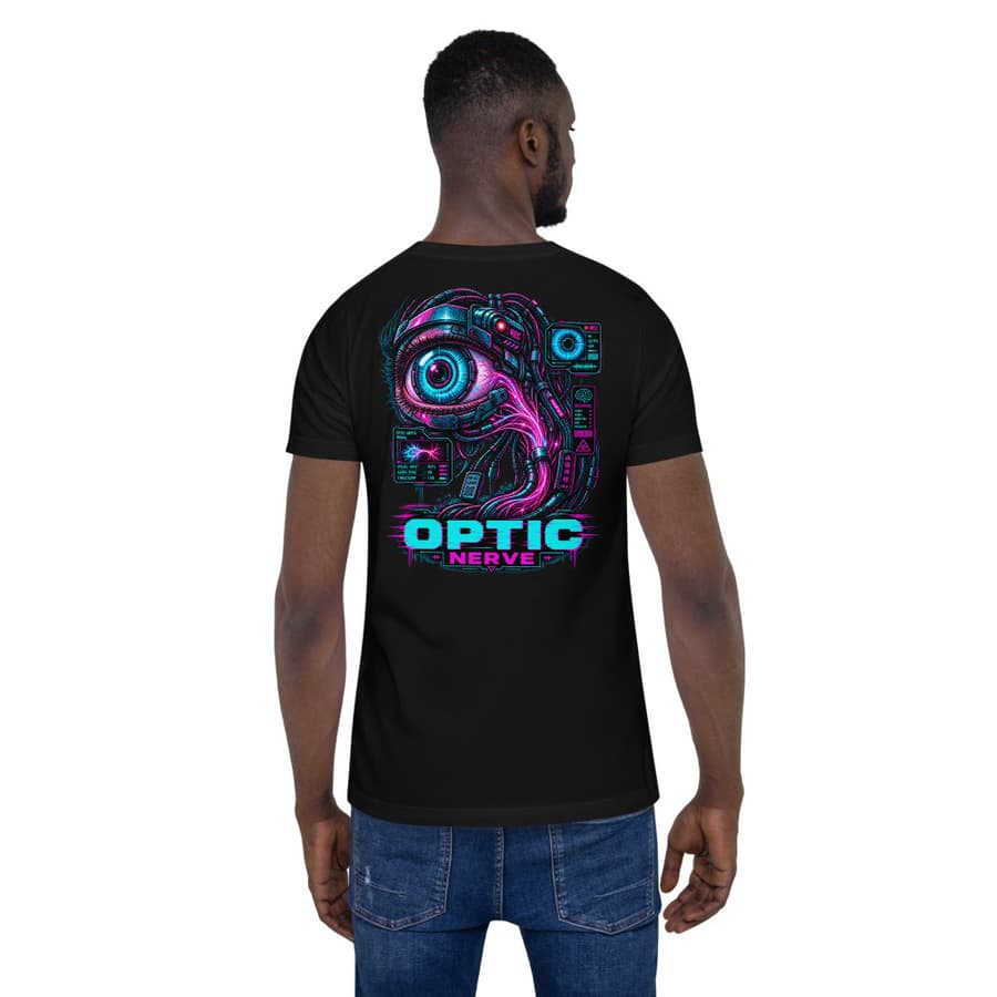 OPTIC NERVE on a tee in Black, full back print.