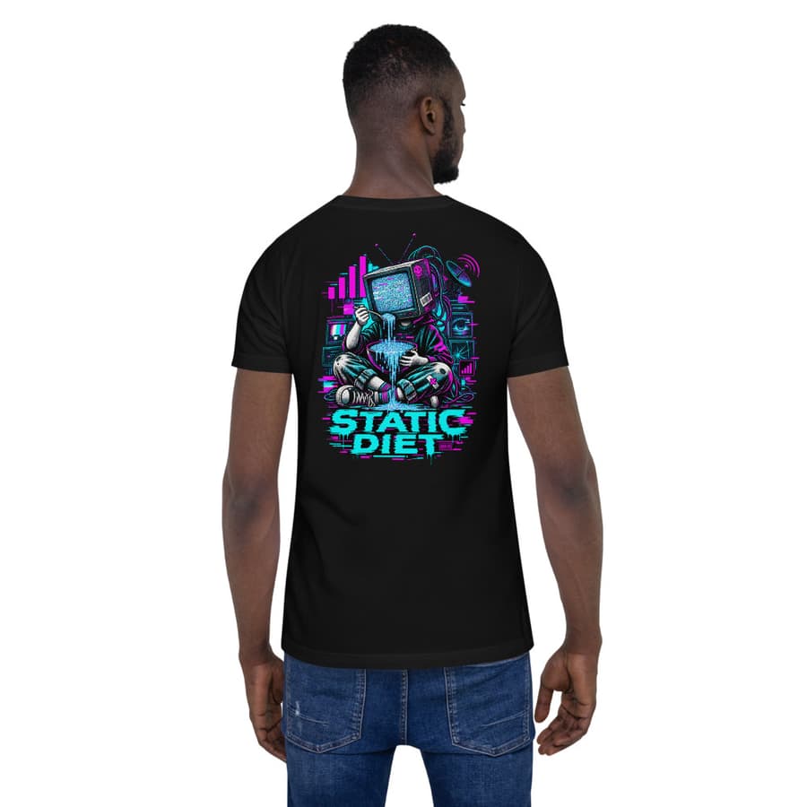 STATIC DIET on a tee in Black, full back print.