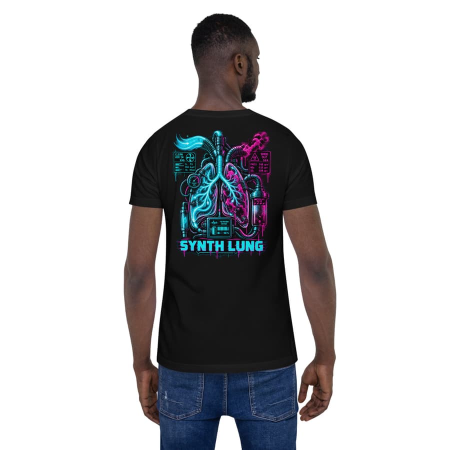 SYNTH LUNG on a tee in Black, full back print.