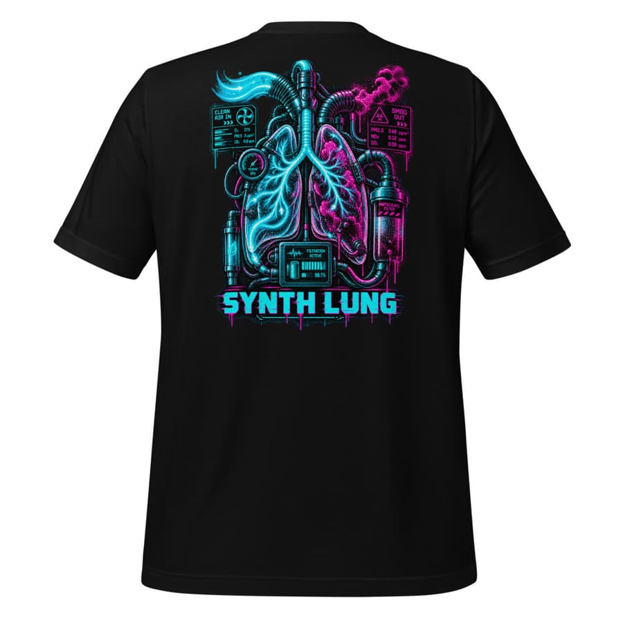 SYNTH LUNG on a tee in Black, full back print, garment only.