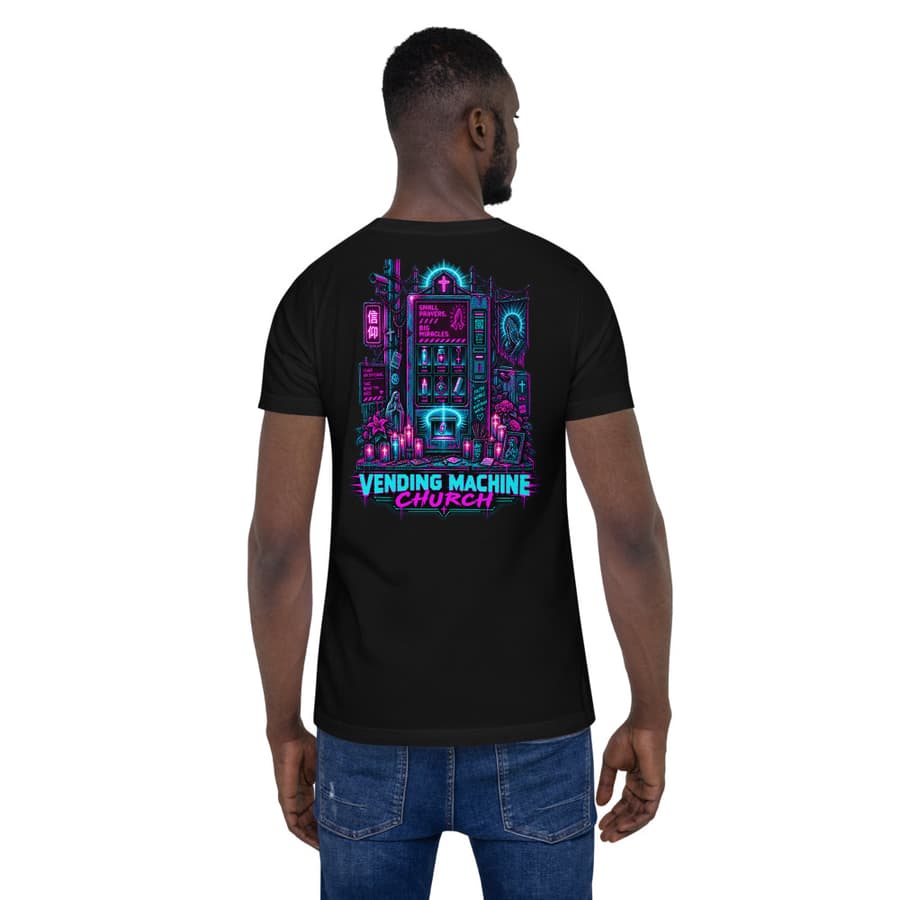 VENDING MACHINE CHURCH on a tee in Black, full back print.