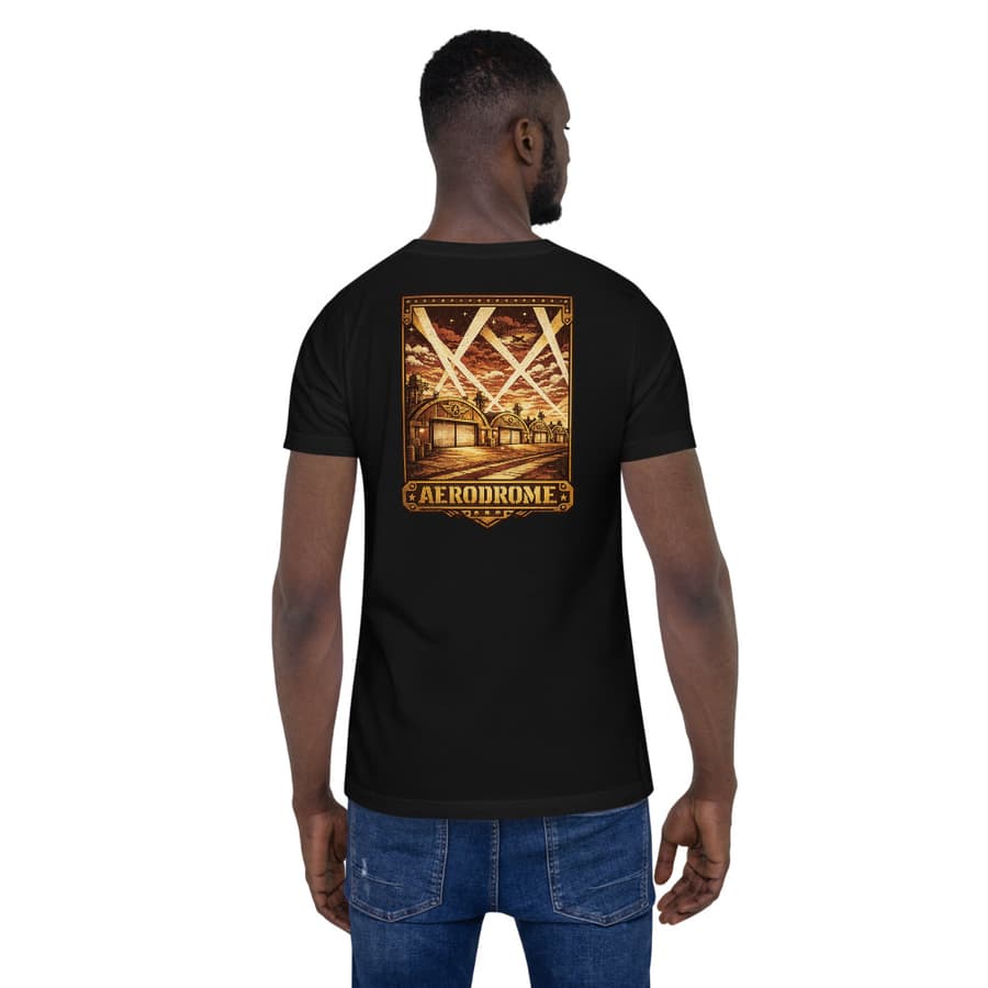 AERODROME on a tee in Black, full back print.