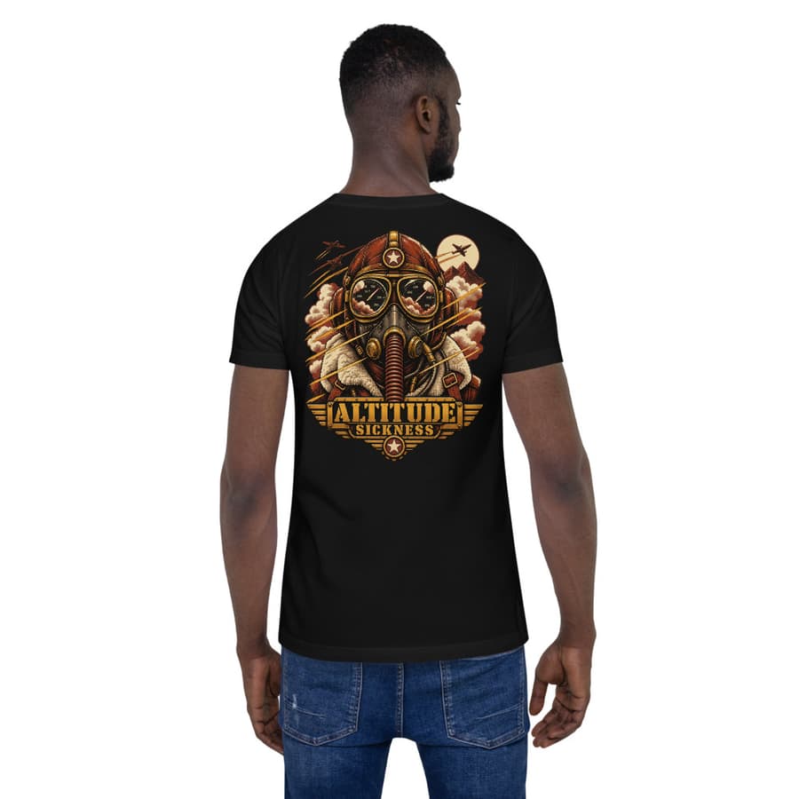 ALTITUDE SICKNESS on a tee in Black, full back print.