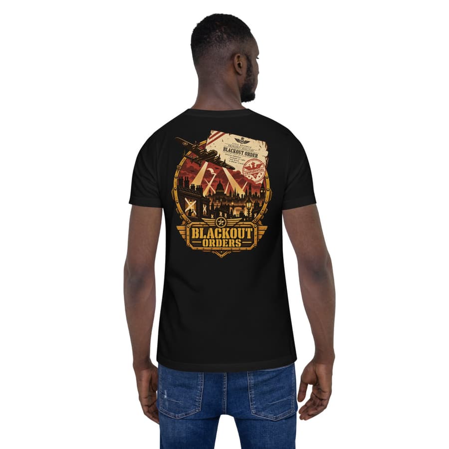 BLACKOUT ORDERS on a tee in Black, full back print.