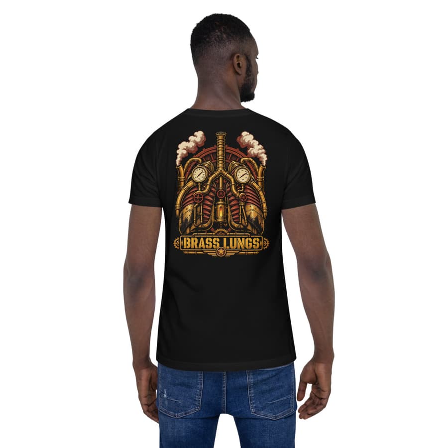 BRASS LUNGS on a tee in Black, full back print.
