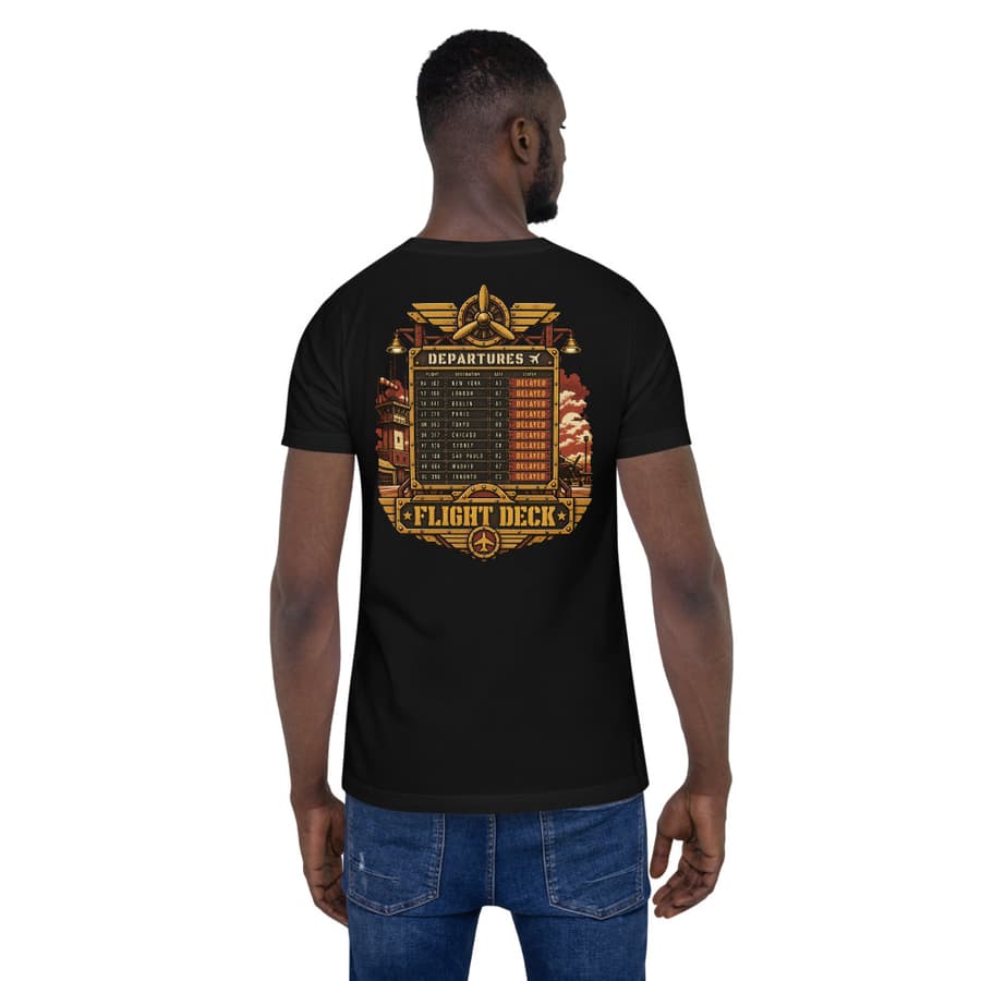 FLIGHT DECK on a tee in Black, full back print.