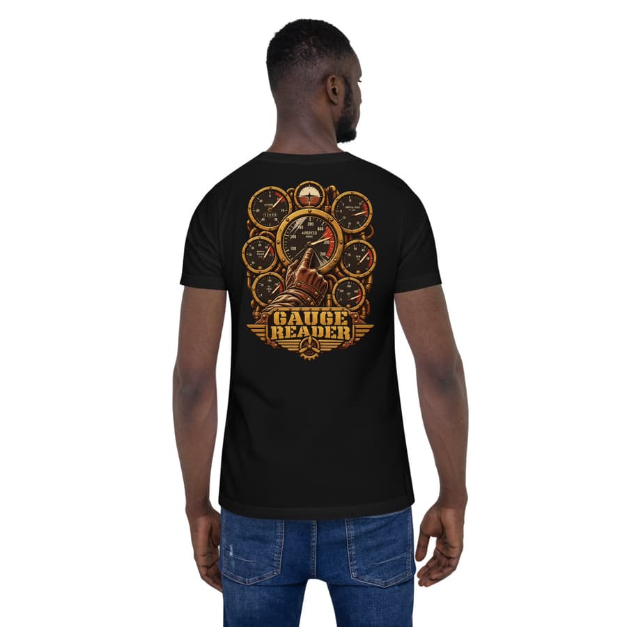 GAUGE READER on a tee in Black, full back print.