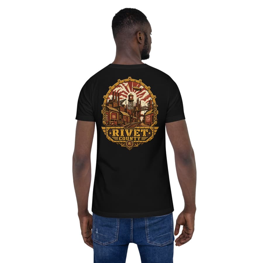 RIVET COUNTY on a tee in Black, full back print.