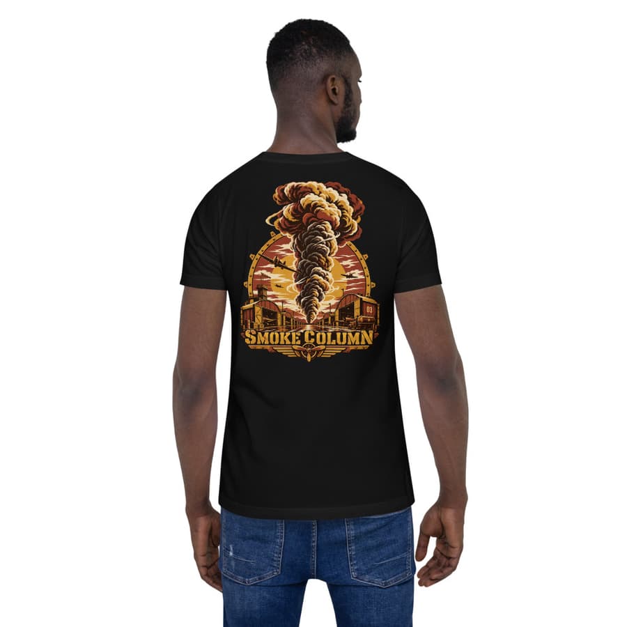 SMOKE COLUMN on a tee in Black, full back print.