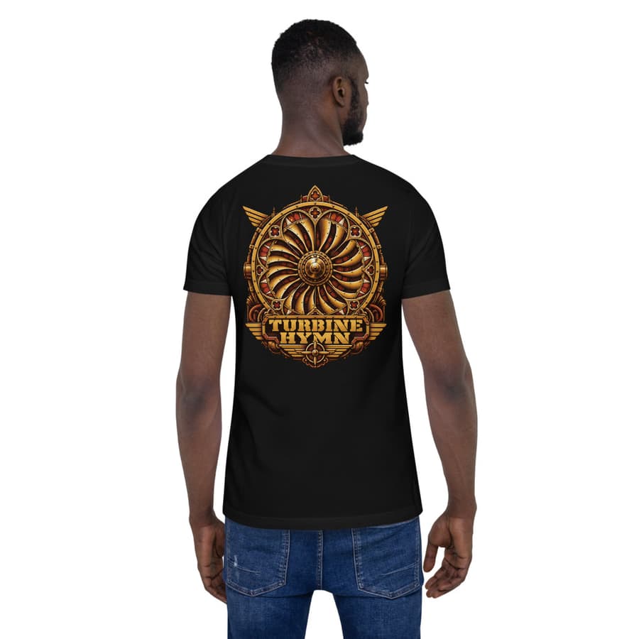 TURBINE HYMN on a tee in Black, full back print.