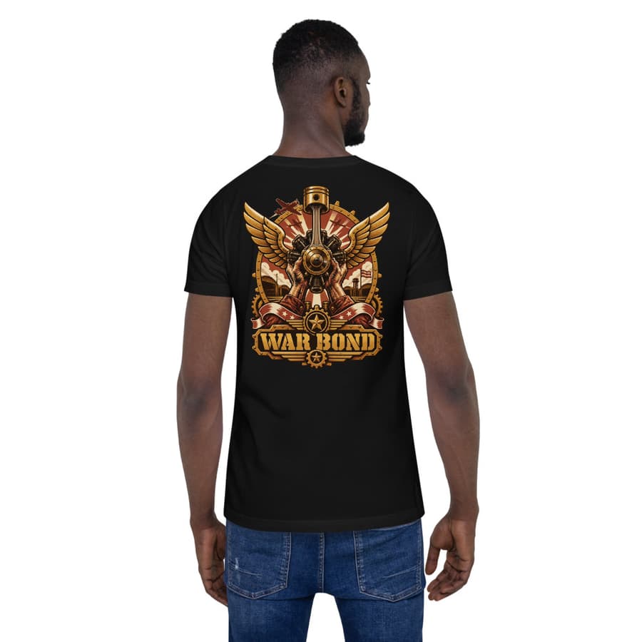WAR BOND on a tee in Black, full back print.